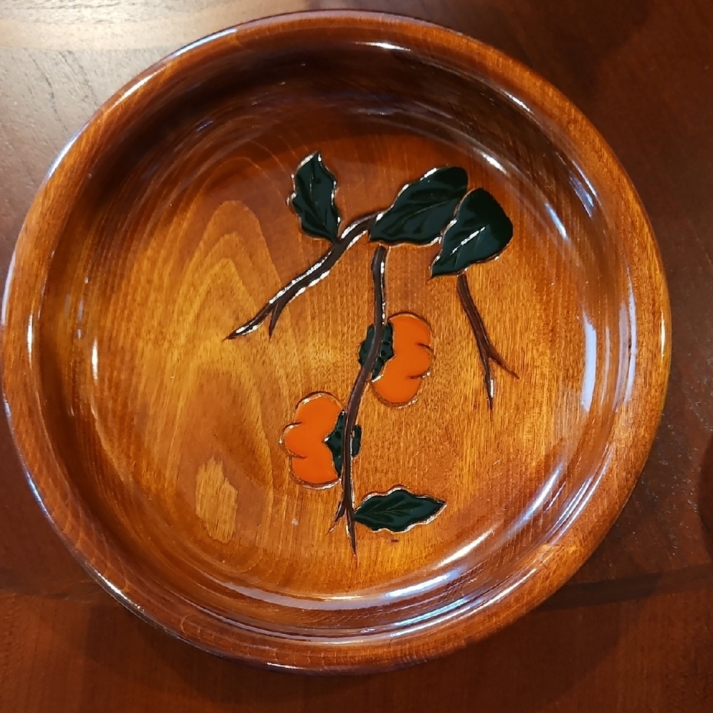 NWT Vintage Japanese Carved Wood Lacquerware Plate Persimmon Design By CREATION